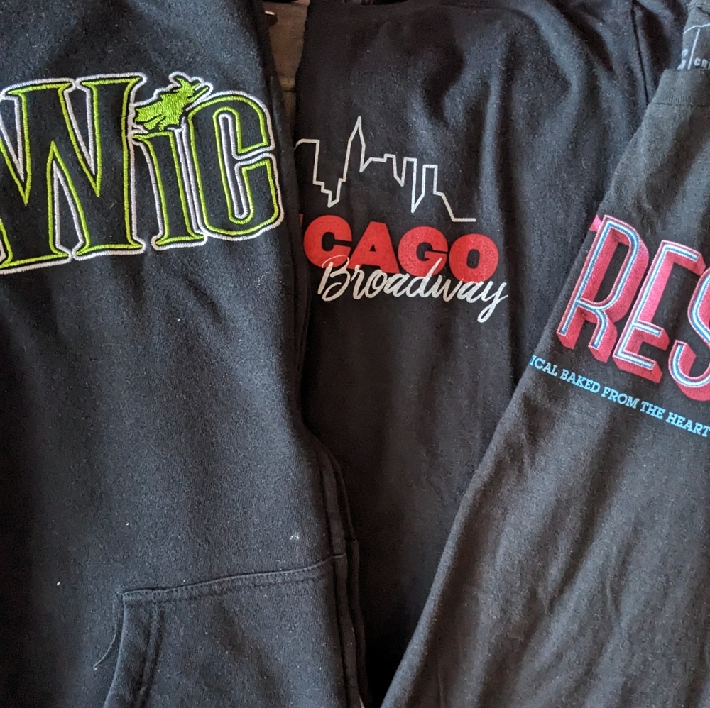 Broadway Merch Wicked hoodie Med, Waitress-T sm, Chicago-T med (bundle)